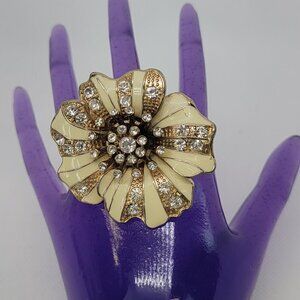 Flower Enamel Statement Cocktail Ring Stretch Cream Gold & Clear Rhinestones